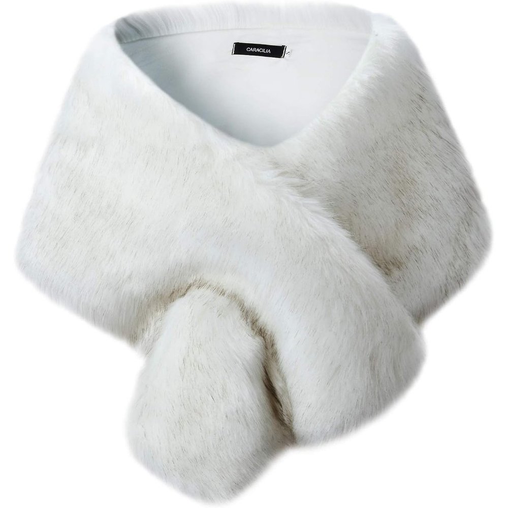 Women's White Faux Fur Stole Cloak Coat Sweater Cape for Evening Party Shawl